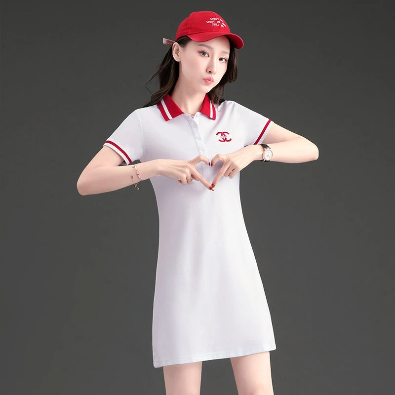 时尚运动风polo领连衣裙女夏季新款休闲中长款大码拼色T恤翻领裙