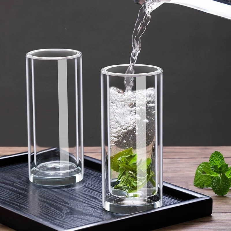 【4个装】双层加厚高硼硅玻璃圆柱口杯无盖隔热防烫水杯牛奶杯茶杯