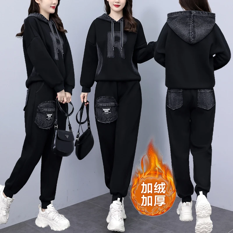 时尚休闲套装女冬季新款大码加绒加厚宽松卫衣拼接牛仔连帽两件套
