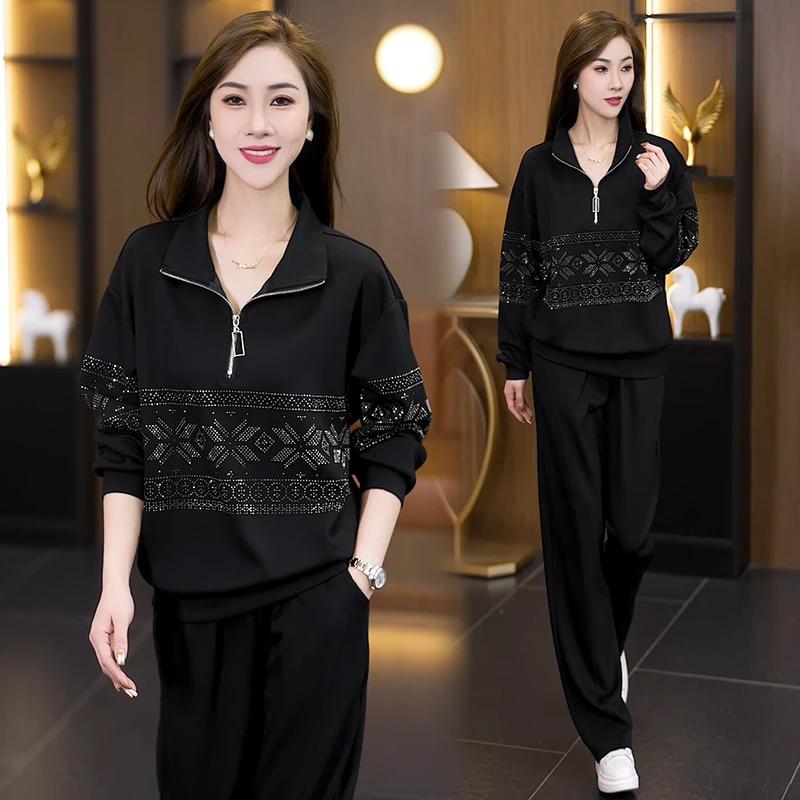 红人上新大码女装重工烫钻2024秋冬新款时尚休闲套装女减龄两件套
