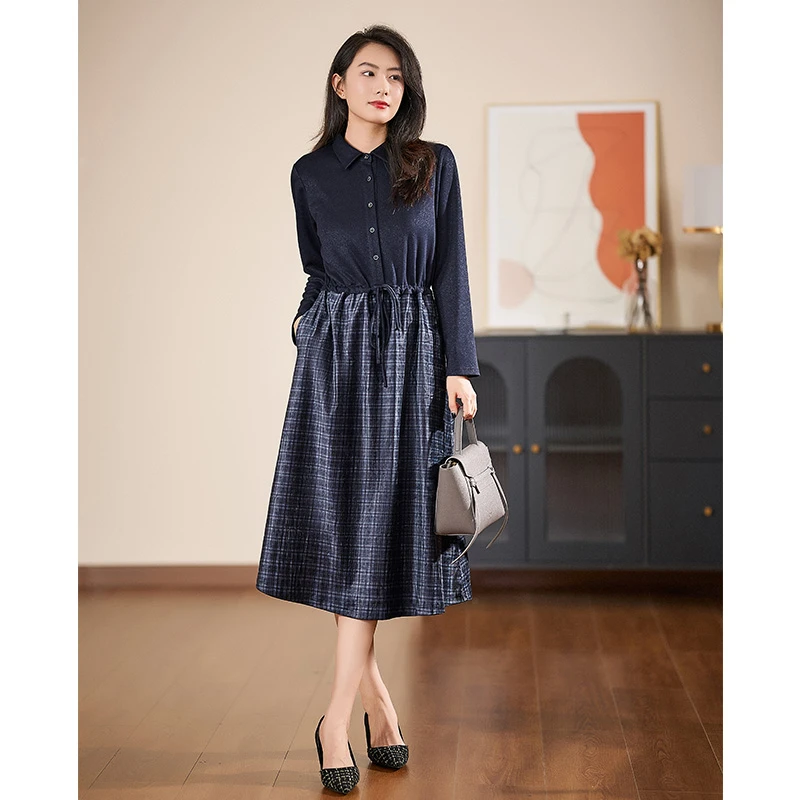 迪欧芙洋气拼接显瘦连衣裙2024秋季新款气质假两件裙子#QLQ87190