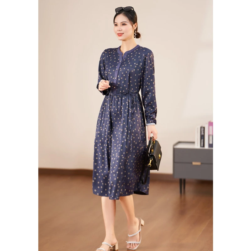 迪欧芙2025年春季新款圆领气质波点时尚长袖女装连衣裙#QLQ25136