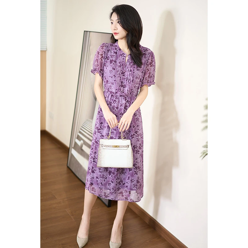 迪欧芙2024年夏季新款薰衣草碎花显白气质短袖连衣裙女#XLQ16766