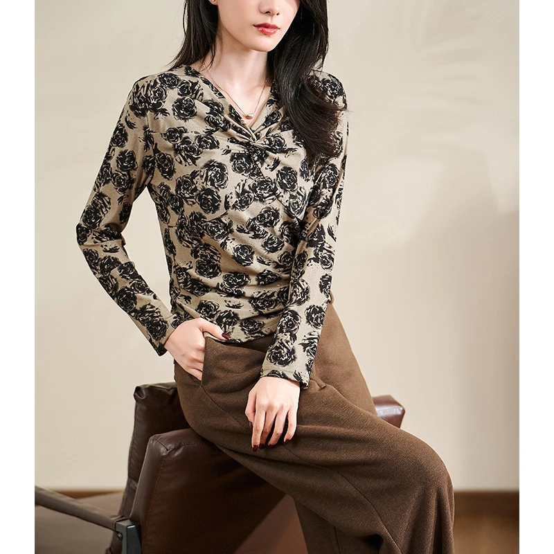 安那俪惟咖色女2024秋新款打底高级感显瘦轻奢百搭上衣#DSY17402