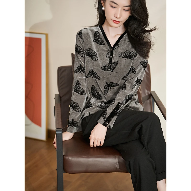 安那俪惟轻奢蝴蝶V领灰色洋气时尚打底2024秋女新款上衣#DSY17362