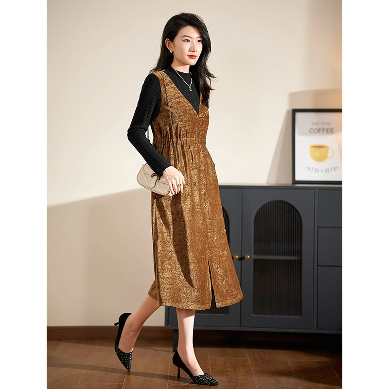 迪欧芙假两件拼接连衣裙2025秋季新款时尚气质洋气裙子#QLQ87187