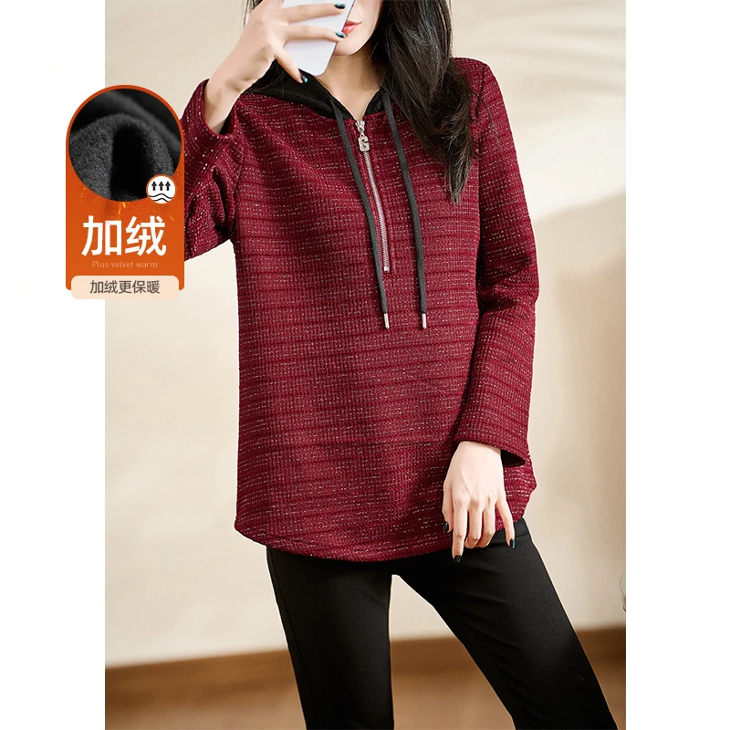 迪欧芙时尚休闲加绒上衣2024冬季新款加厚保暖气质卫衣#DSY17625