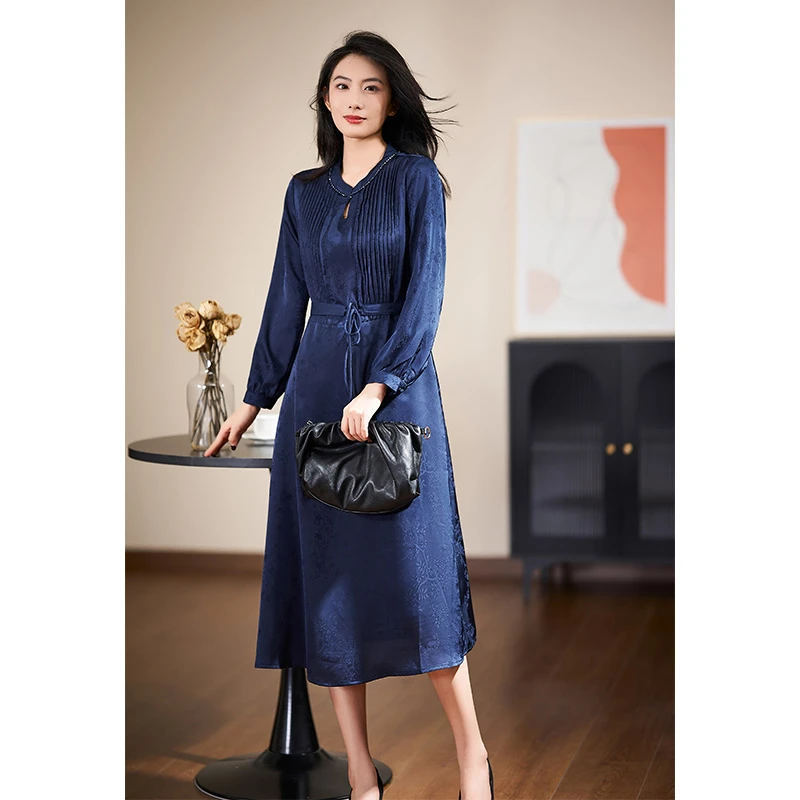 迪欧芙奢华精致连衣裙2025春季新款优雅知性长袖裙子女#QLQ87089