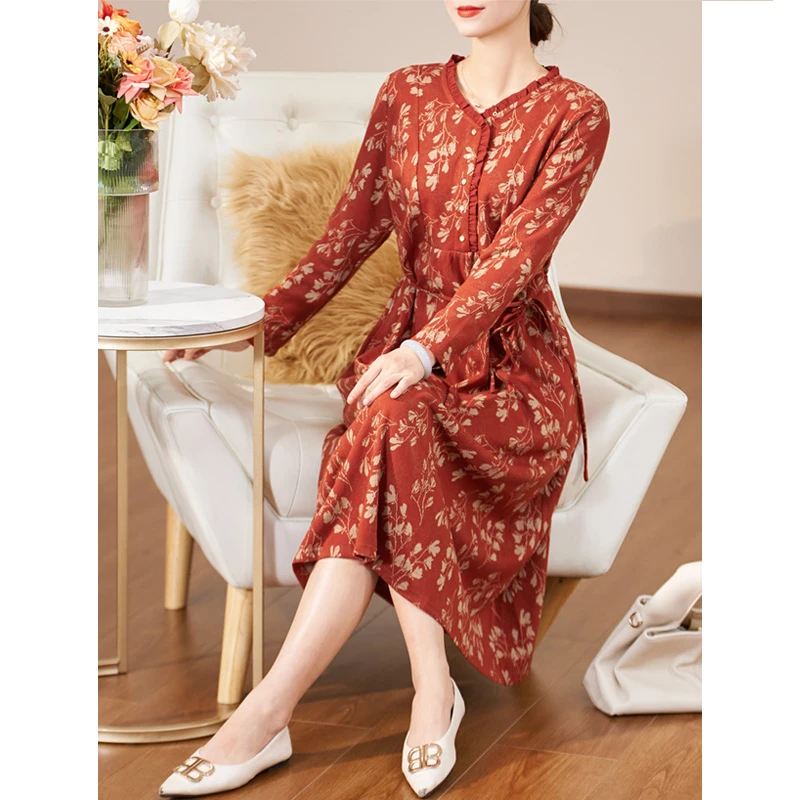 迪欧芙2023年秋季新款木耳领腰绳收腰显瘦长袖连衣裙女#QLQ15157