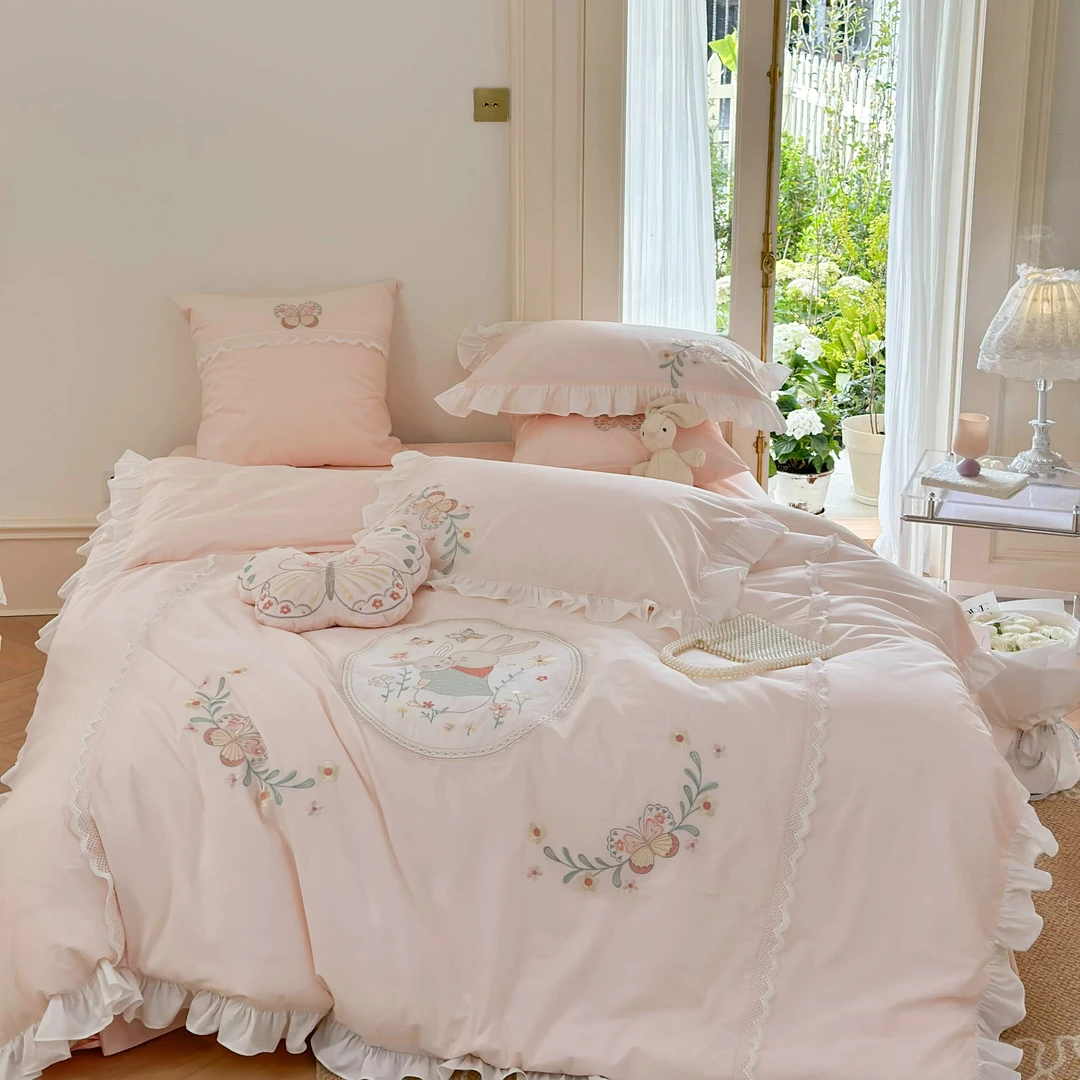 月白法式全棉床上用品纯棉四件套公主风床品被套枕套床单儿童仙兔