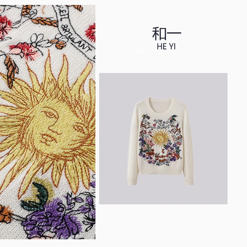 HY 圆领太阳花刺绣长袖针织上衣-00085
