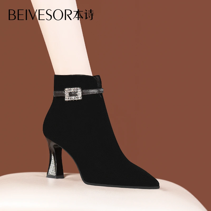 2024新款尖头水钻高跟短靴女粗跟皮靴秋冬时尚百搭加绒真皮女靴子