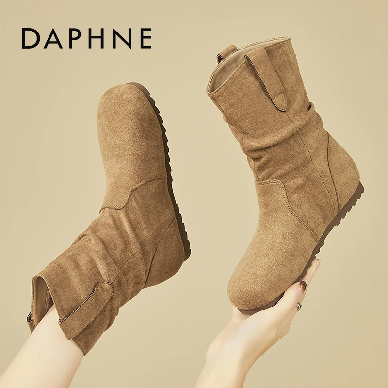 达芙妮内增高美拉德加绒百搭短靴女2025新款冬季复古慵懒风堆堆靴