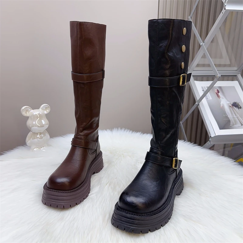 欧洲站爆款高筒骑士靴子2024秋冬新款翻折两穿不过膝加绒机车长靴