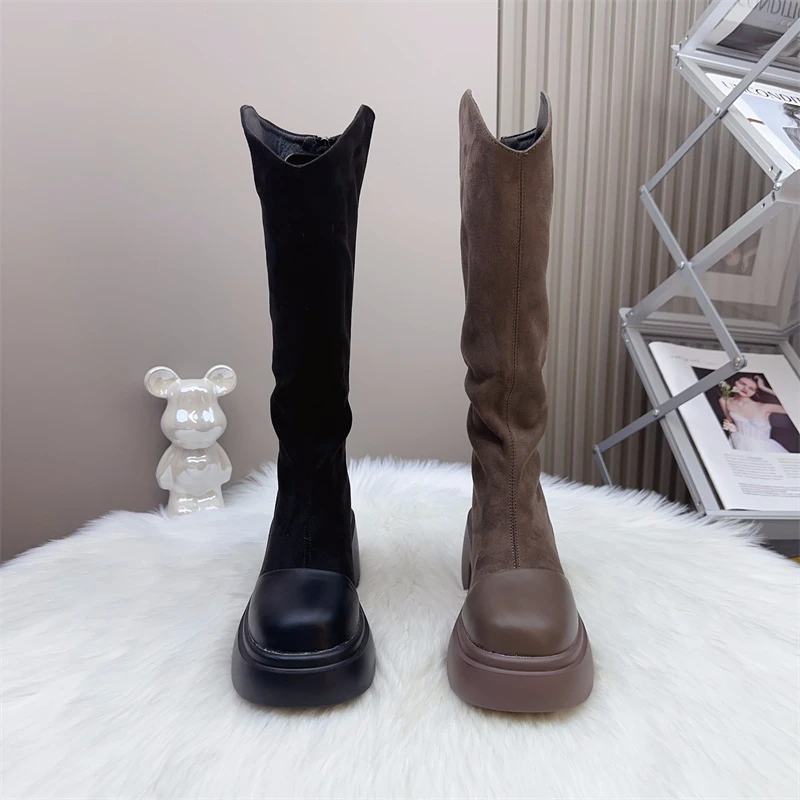 不过膝弹力瘦瘦长靴2024秋冬季新款加绒小个子增高7cm高筒骑士靴