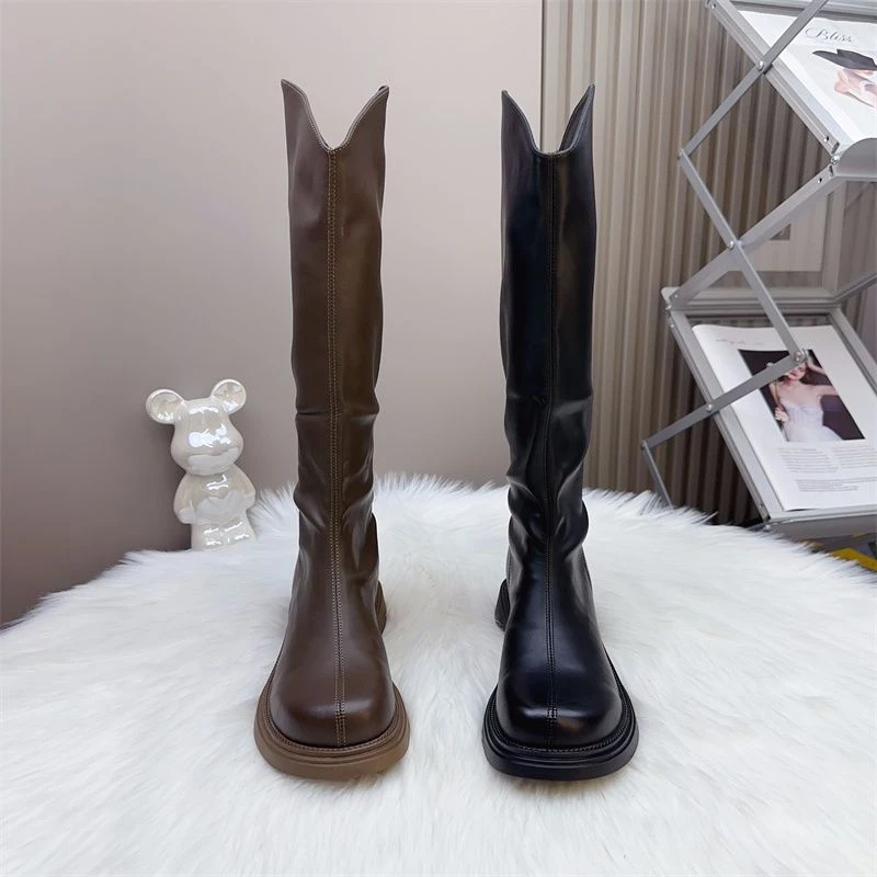 不过膝气质长靴2024秋冬新款平跟骑士靴女高筒英伦风弹力瘦瘦靴子