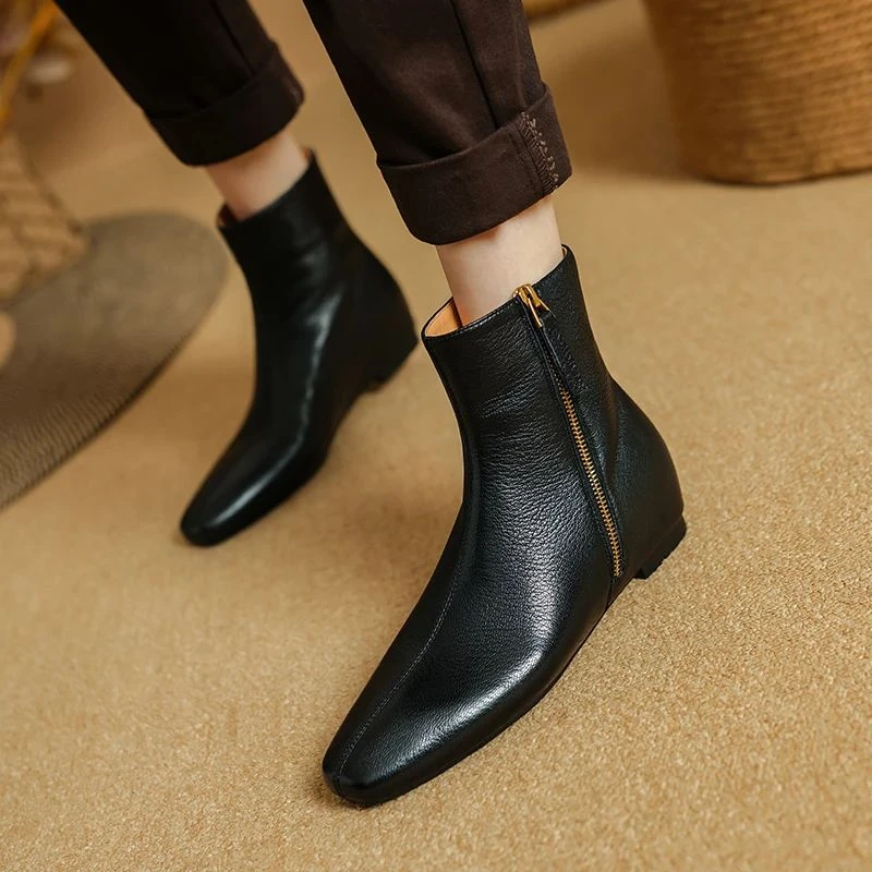 短靴女2024年新款春秋季单靴子真皮侧拉链内增高平底时尚时装靴女