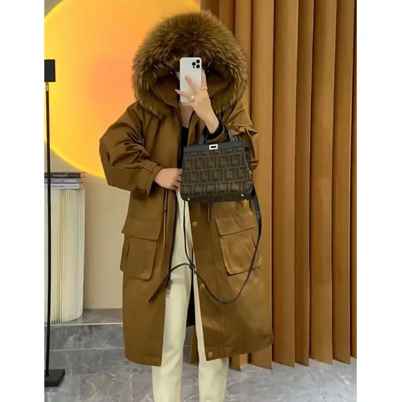 {阔版工装长款｝皮草派克服真皮真毛貉子毛领獭兔毛内胆女装冬款