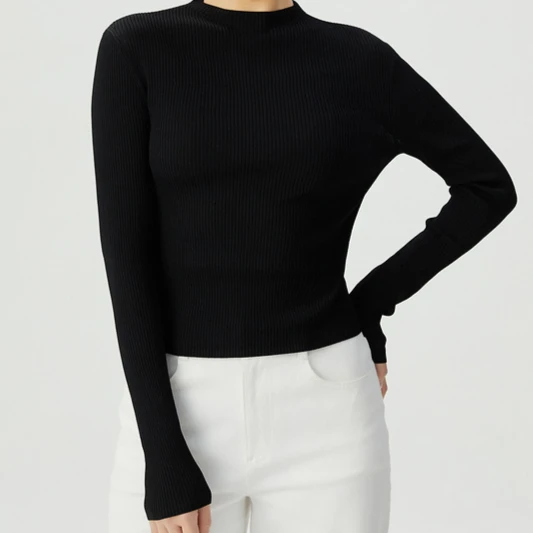 AMASS/阿玛施黑色极简修身纯色素面百搭时尚长袖针织衫5399686