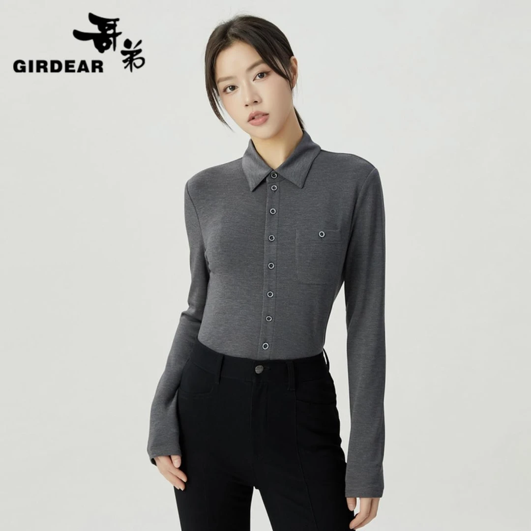 GIRDEAR/哥弟百搭通勤显瘦简约四季翻领单排扣长袖衬衫女1300820