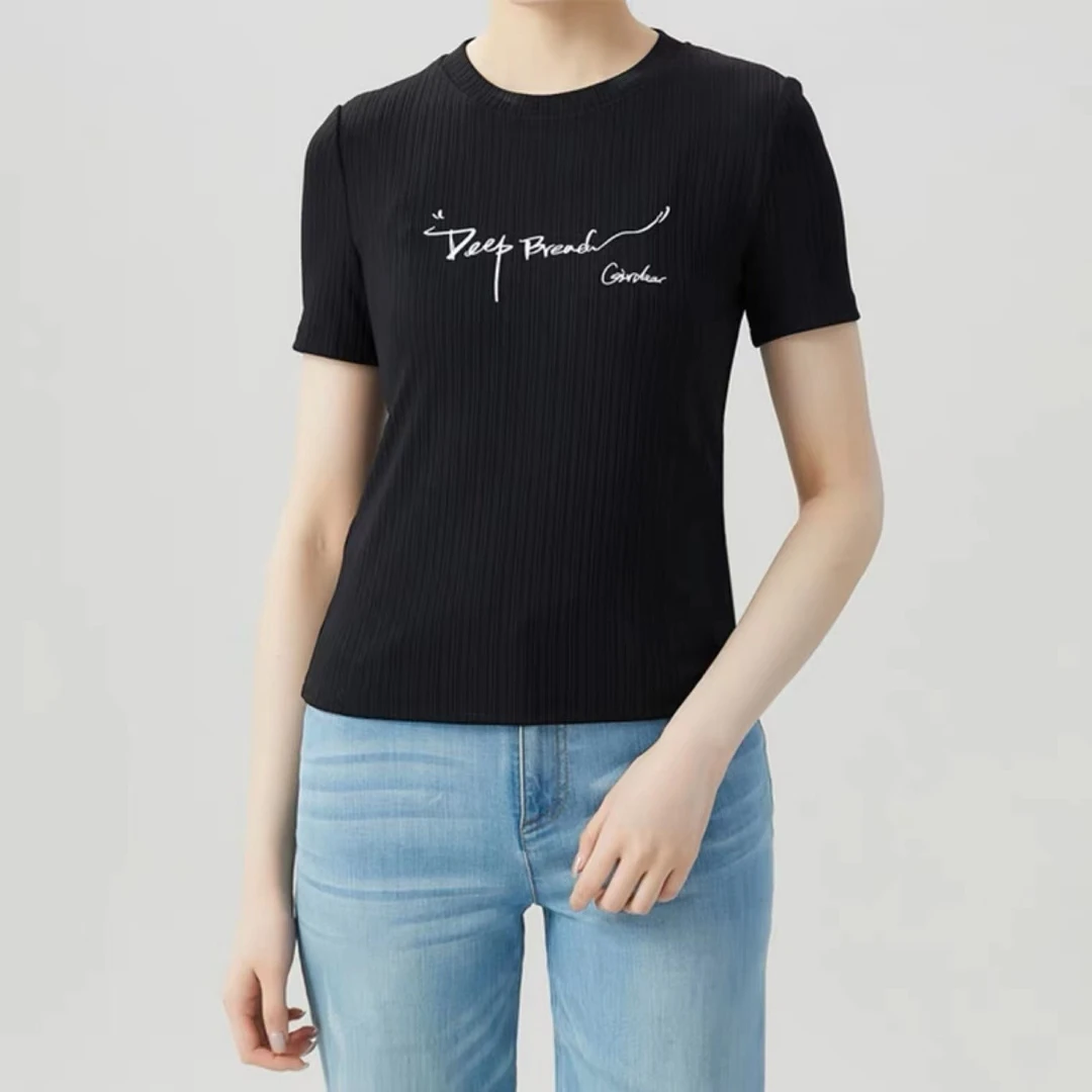 GIRDEAR/哥弟百搭圆领短袖T恤1300896短款针织休闲时尚出行