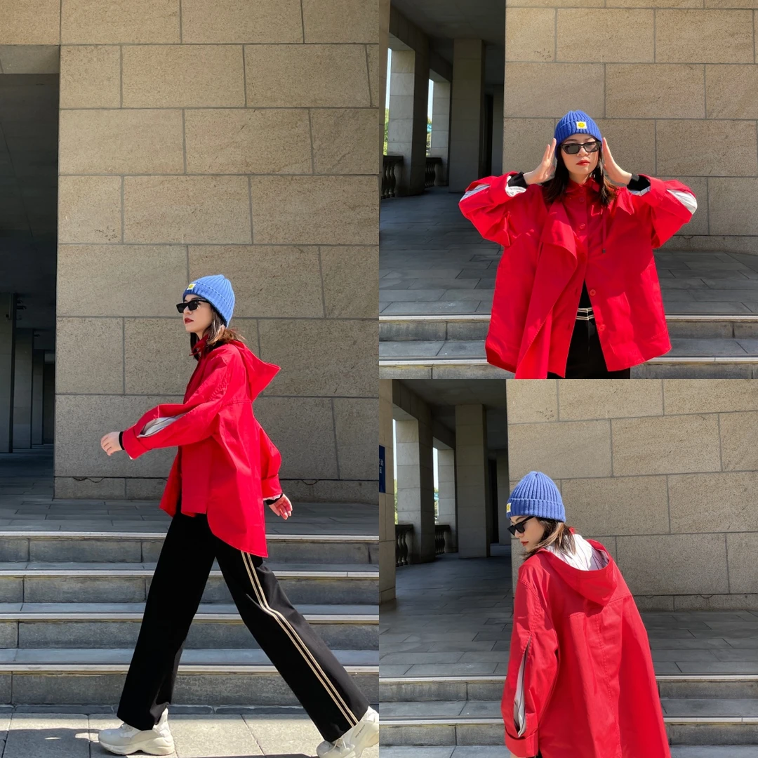 GIRDEAR/哥弟时髦百搭通勤长袖连帽时尚双层袖造型外套1400596