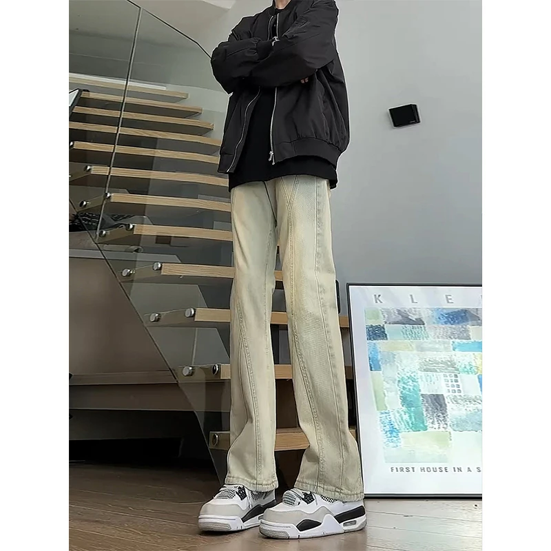 黄泥色解构牛仔裤男生早秋开学穿搭美式vibe风裤子修身直筒微喇裤