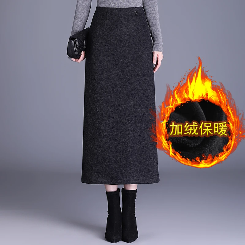 加绒毛呢半身裙女高腰包臀裙冬季开叉时尚裙子加厚直筒裙一步冬裙