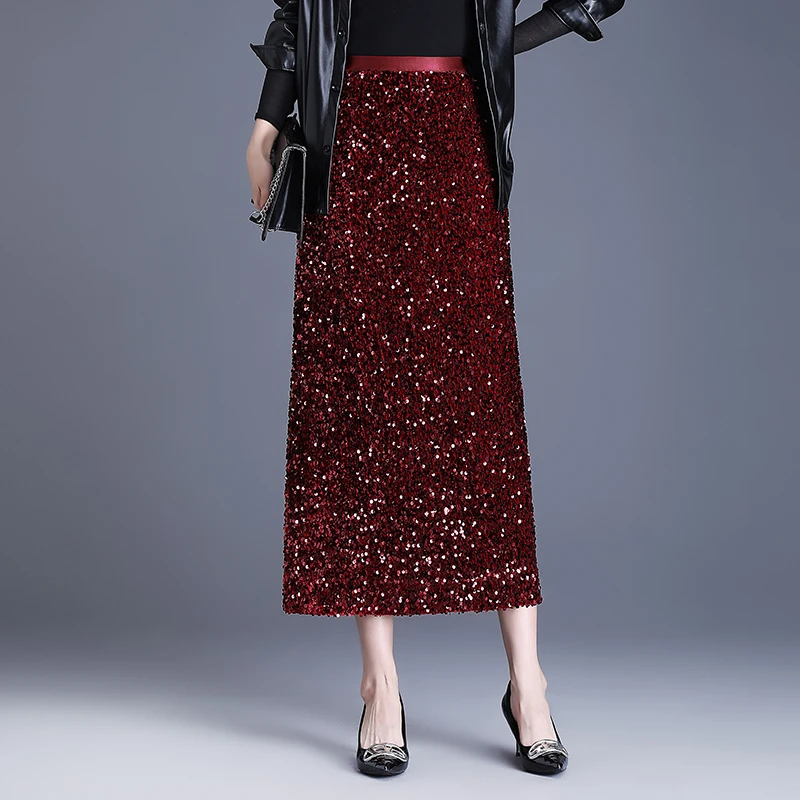 红色丝绒亮片半身长裙直筒裙女秋季新款高级感时尚显瘦长款包臀裙