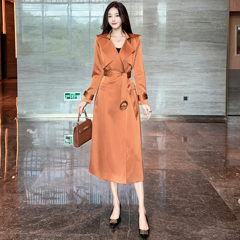 醋酸缎风衣外套女中长款2025秋装新款高端设计感翻领垂感收腰大衣
