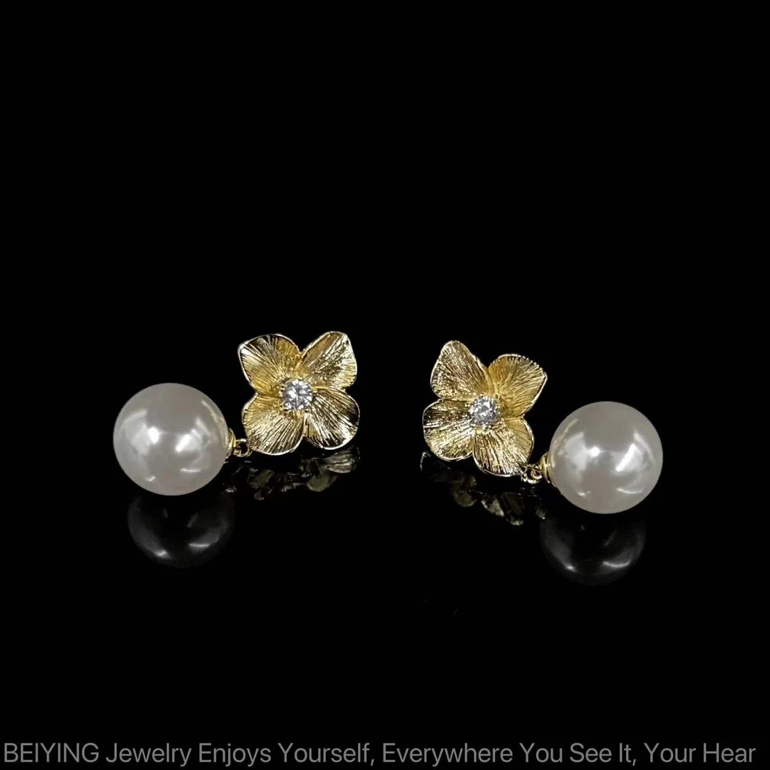 铜合金合成锆石耳饰 轻奢设计师款法式复古金色花瓣吊坠耳钉C4151