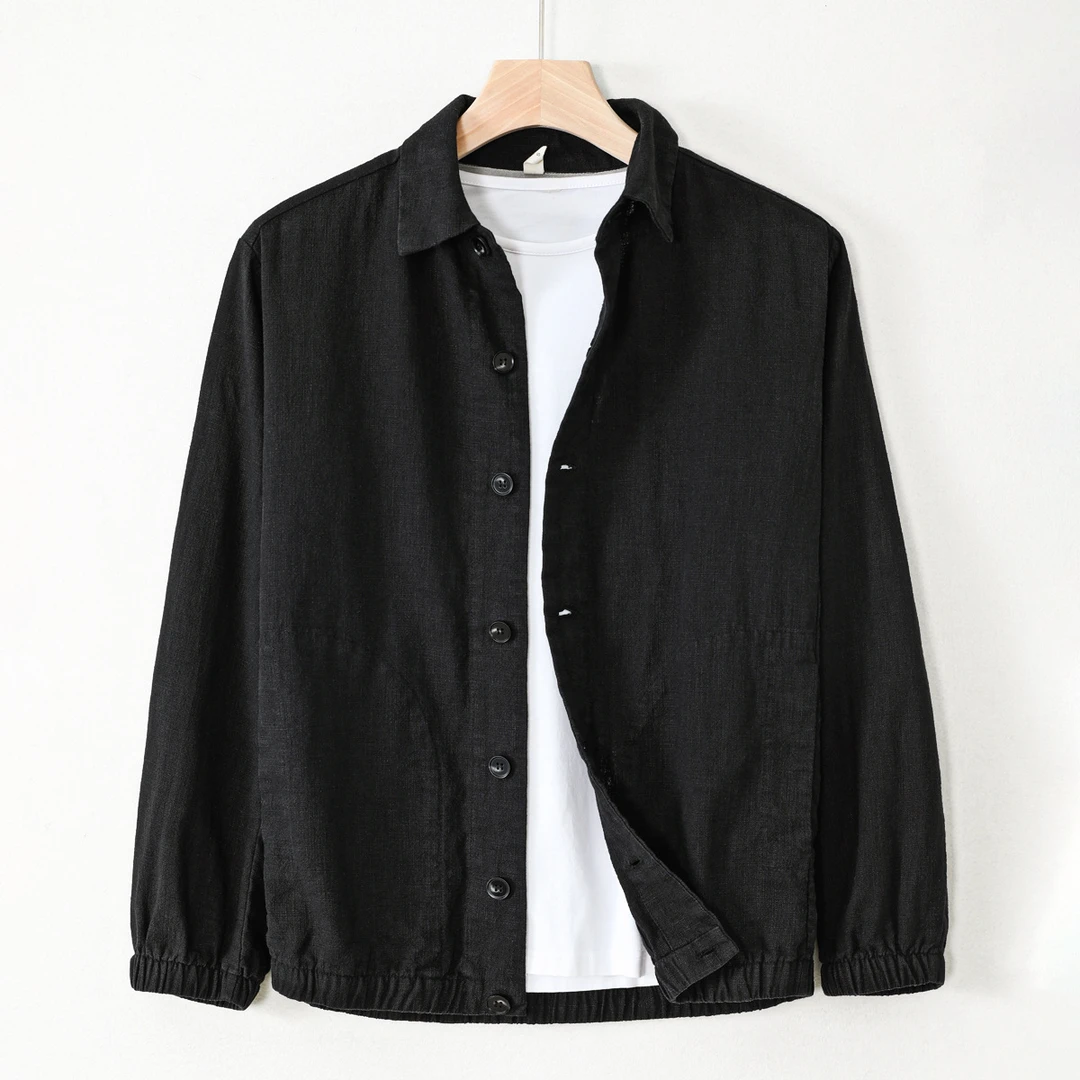 2025秋季新款男士长袖苎麻夹克日系复古休闲棉麻翻领简约开衫外套