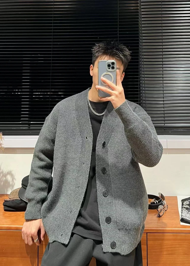 YJ玖柒美式学院风针织V领开衫毛衣秋冬季潮流排扣针织衫MY01