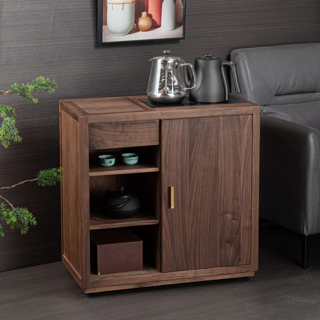 北美黑胡桃茶水柜移动泡茶台烧水壶一体简约家用实木茶桌沙发边几