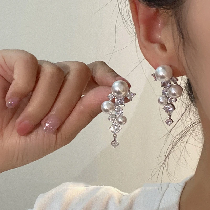 铜合金耳饰 A506 小锆锆法式复古珠珠耳环女高级感气质网红耳钉