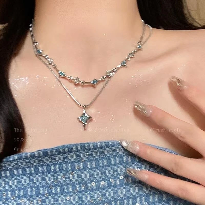 铜合金项链 双层蓝色四芒星项链女ins小众设计感时尚气质锁骨链
