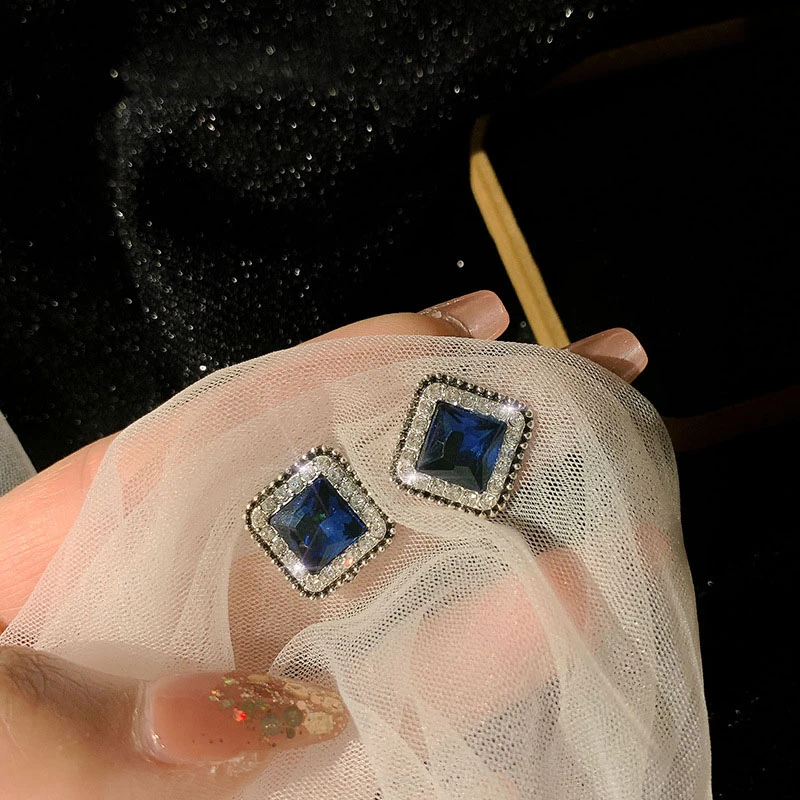 铜合金耳饰 A810 时尚蓝色方块耳钉高级感轻奢网红个性菱形耳环