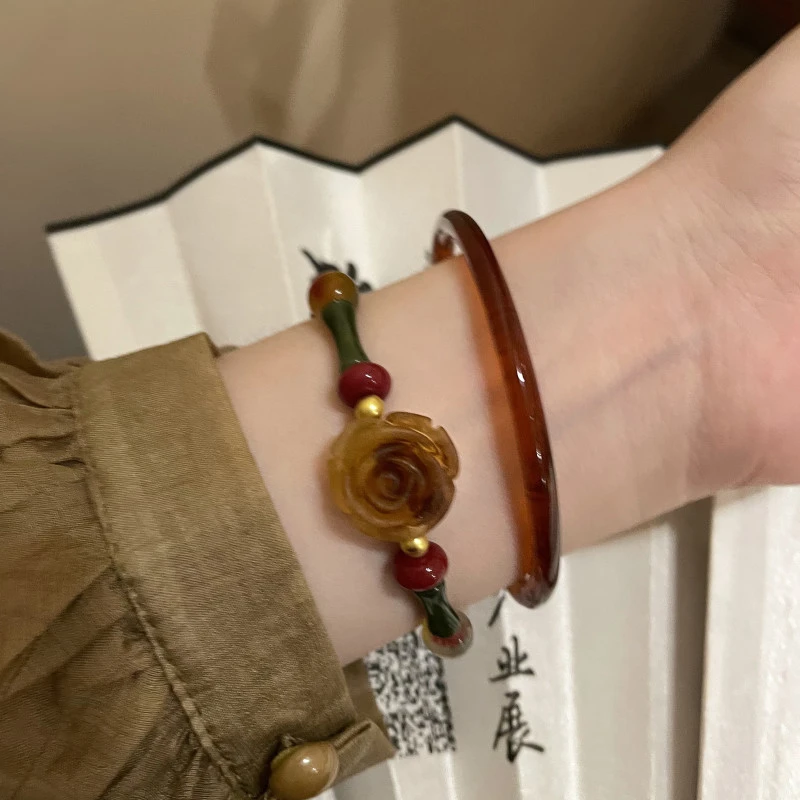 非金属手镯 新中式玫瑰花朵串珠手镯套装女款小众设计感复古手饰