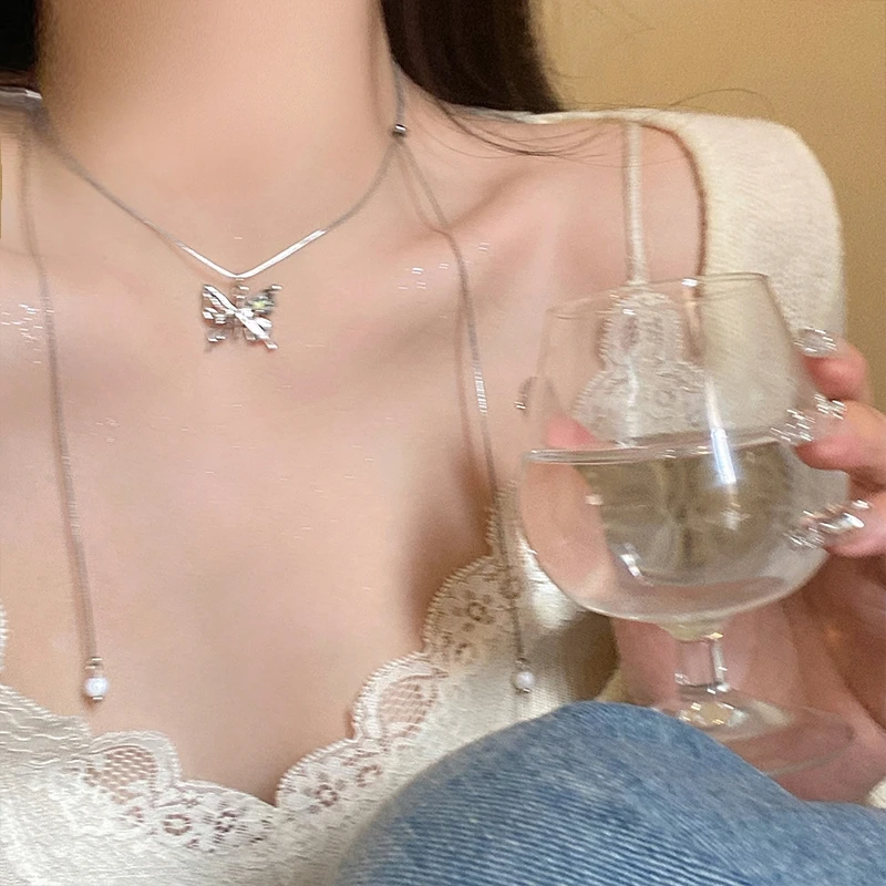 钛钢项链 蝴蝶小珠珠流苏抽拉式项链女轻奢小众设计高级感锁骨链