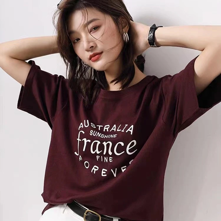 2025新款酒红色圆领宽松半袖短袖t恤女上衣印花夏季百搭打底通勤