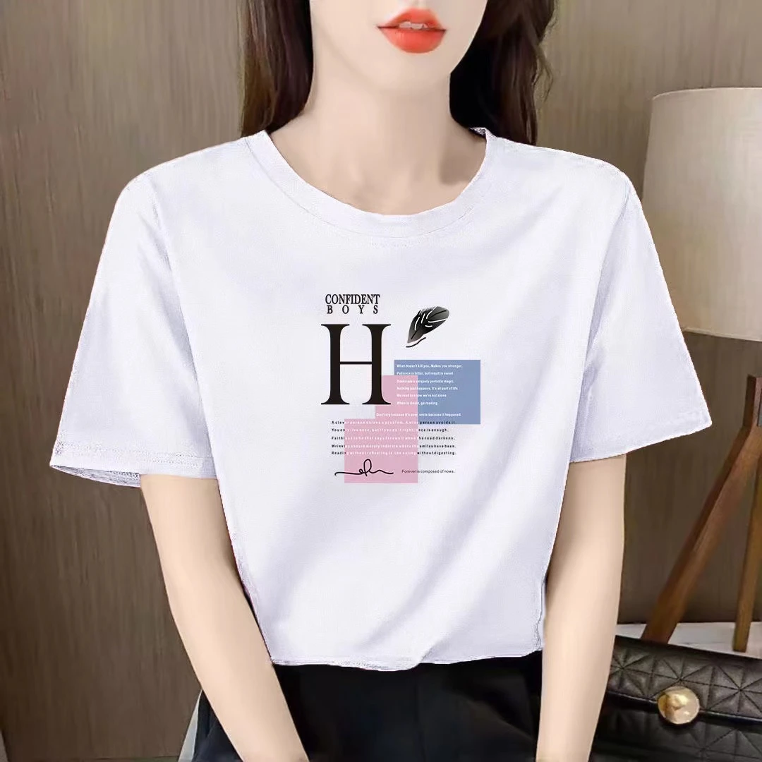 高品质95棉短袖T恤女宽松夏季气质款半袖百搭印花女士圆领上衣