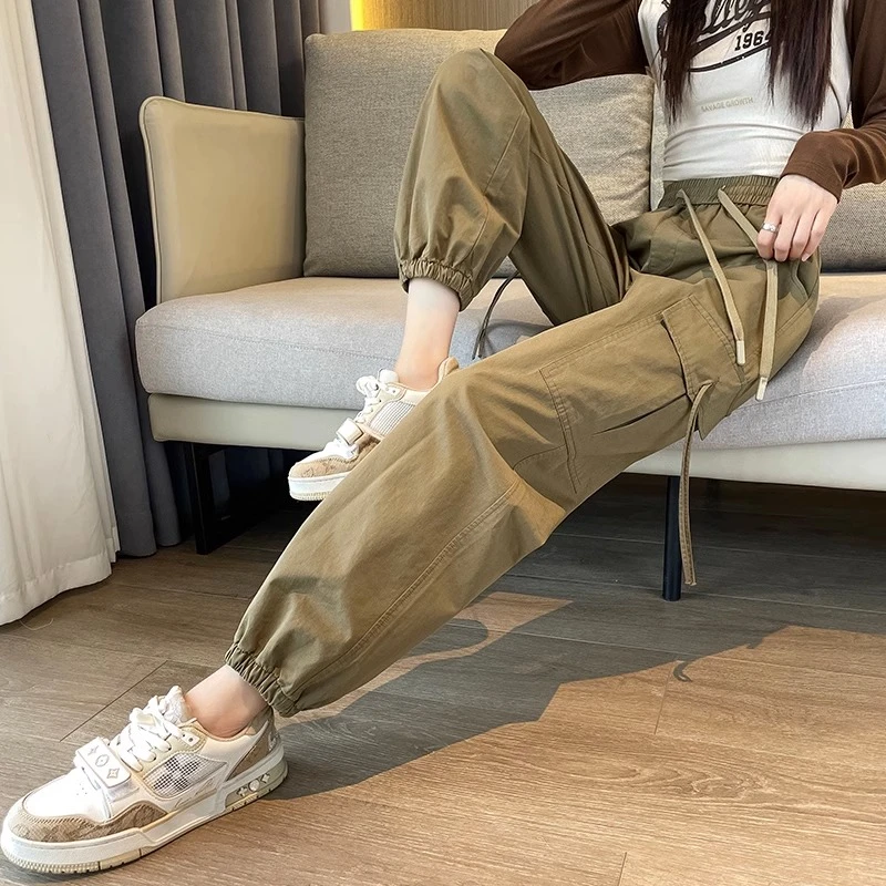 高腰工装裤女春秋季时尚美式高腰显瘦哈伦裤百搭束脚松紧腰运动裤