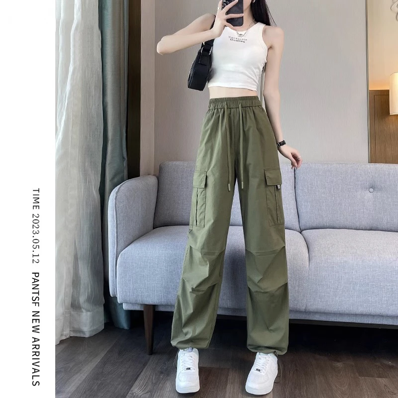 冰丝速干工装裤女夏季薄款新款宽松束脚高腰休闲美式阔腿运动裤子