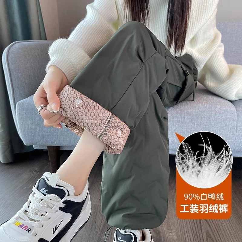 美式工装羽绒裤女冬季外穿高腰户外加绒加厚防风阔腿束脚保暖棉裤