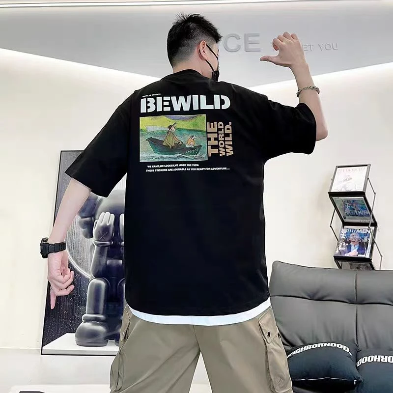 夏季圆领网红半袖宽松男士休闲上衣复古贴布图案潮流时尚百搭半袖