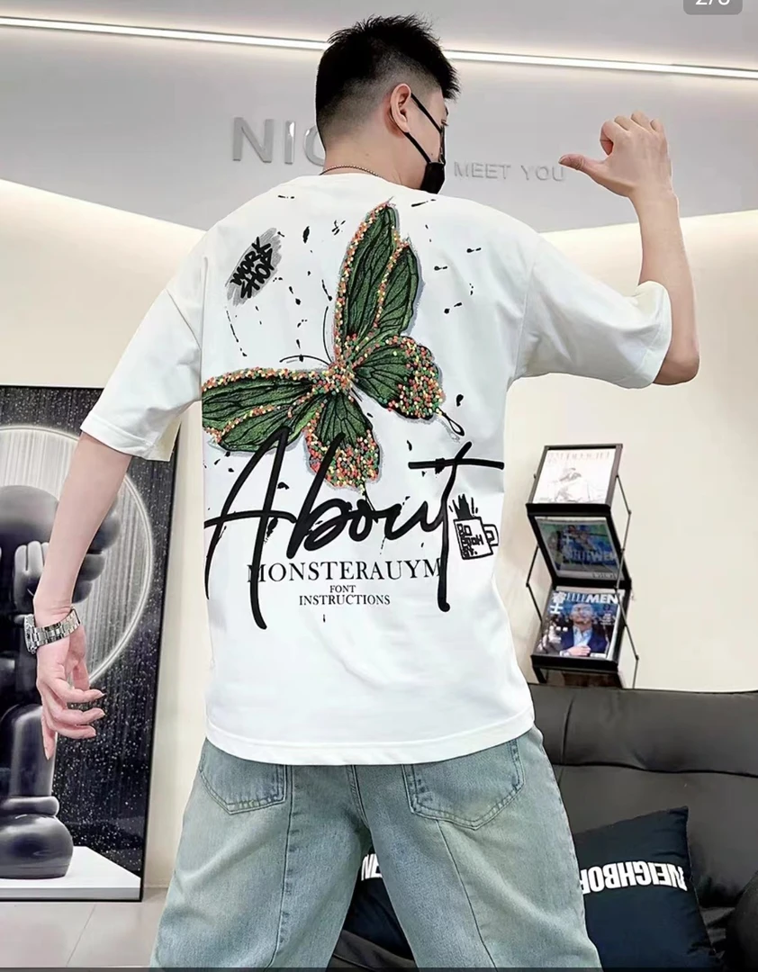 轻奢设计师潮款蝴蝶网红帅气修身男士T恤个性ins印花圆领夏季韩版