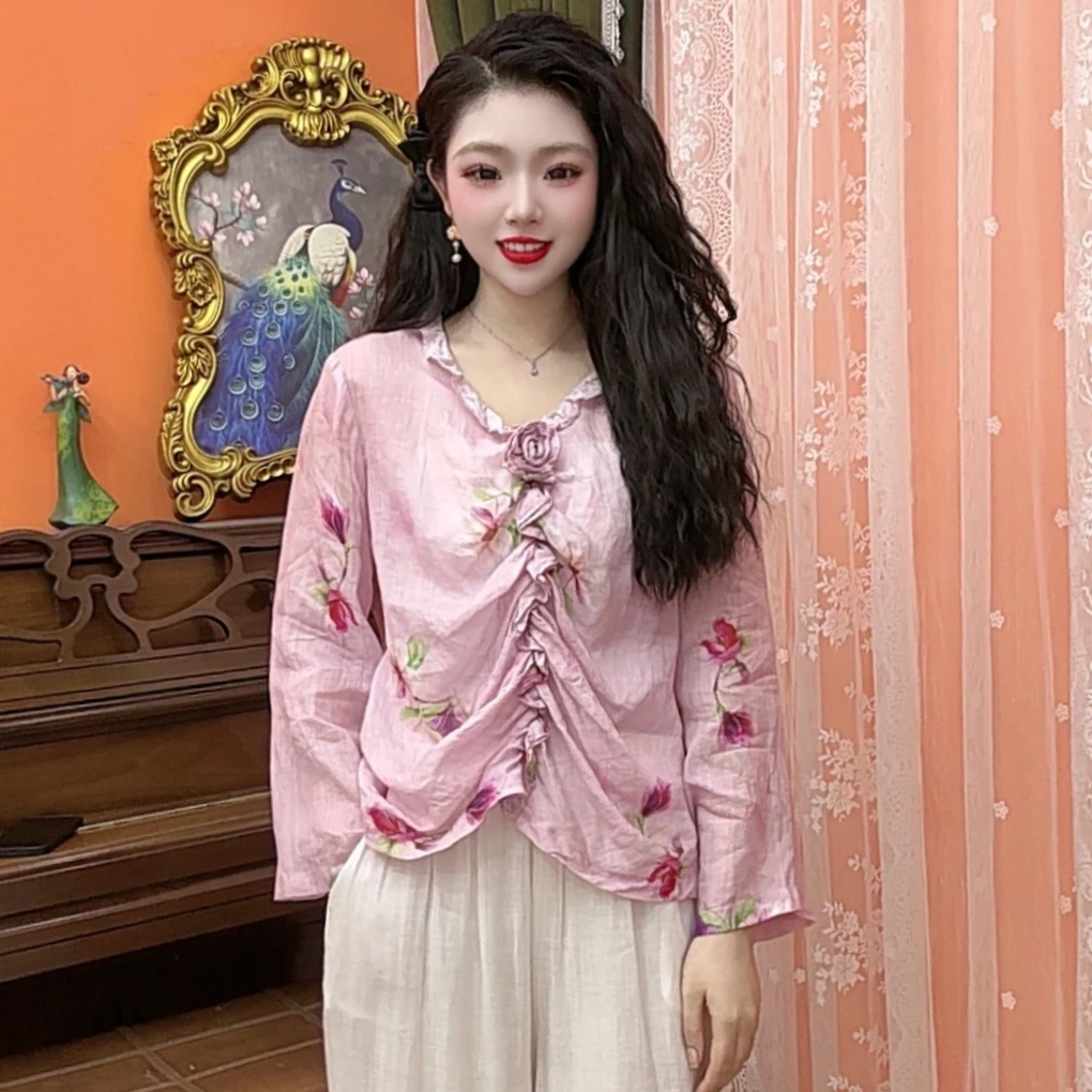 文艺复古纯苎麻手工立体玫瑰花v领木耳边长袖衬衫女夏秋季新款