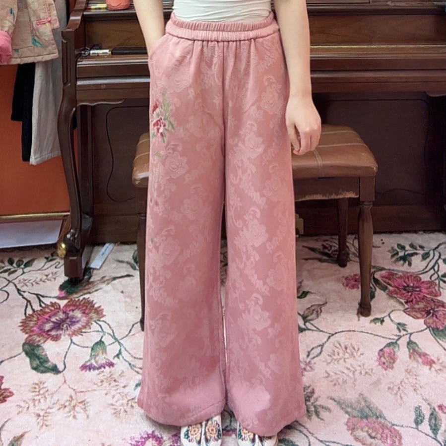 复古民族风刺绣高腰显瘦休闲阔腿长裤女加绒保暖松紧腰显瘦裤子冬