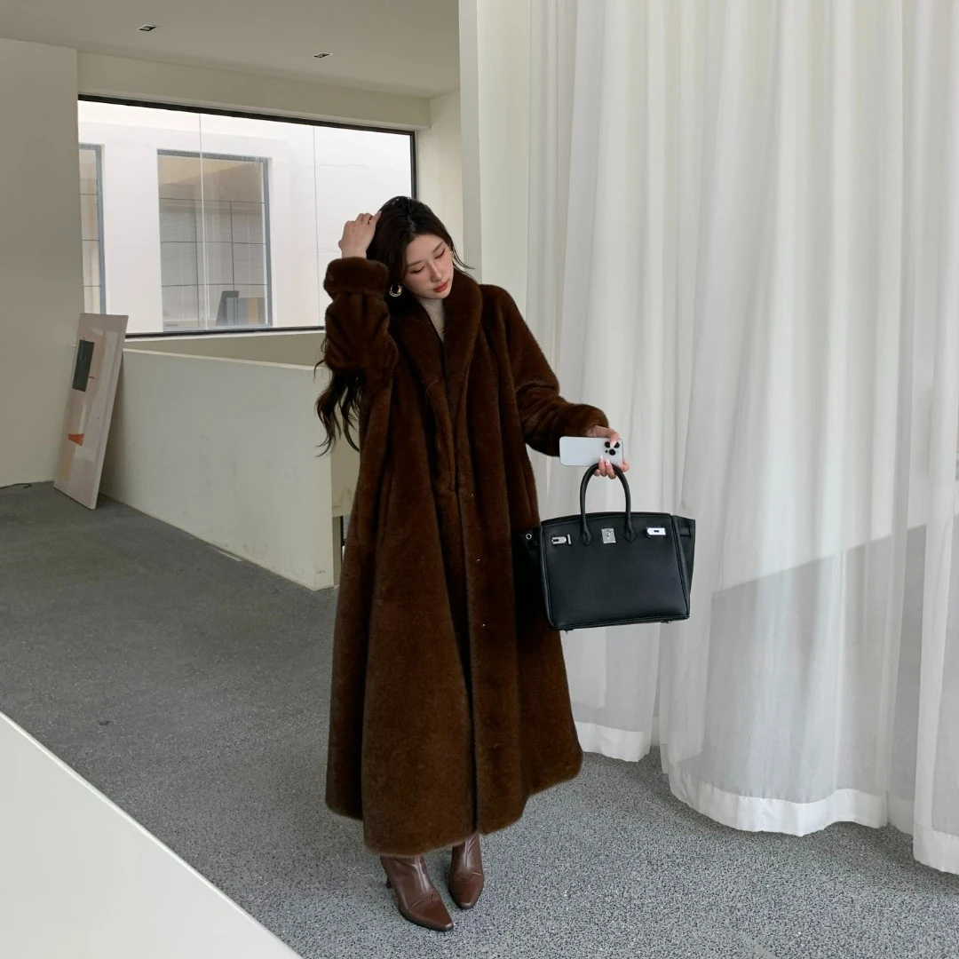 复古棕色时尚韩版环保毛毛大衣宽松长款过膝2023冬季显瘦气质保暖