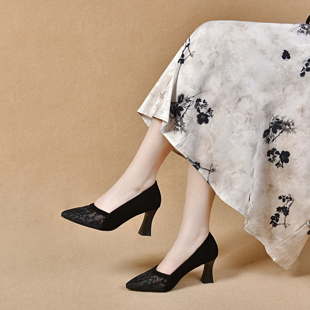 网鞋女款2025新款夏季时尚尖头网纱透气百搭中跟真皮单鞋LH3508